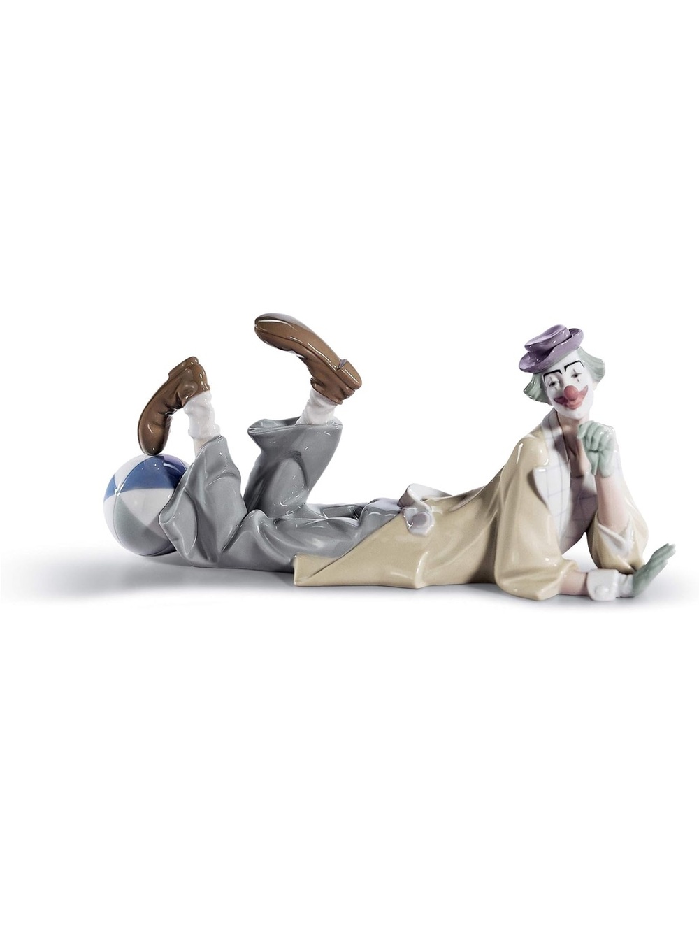 Lladro Porcelain Reclining Clown with Ball - Beige, Gray, Purple